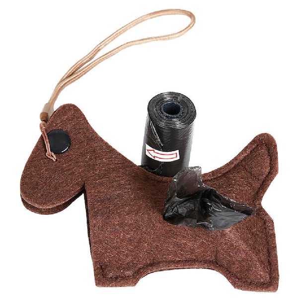 PET LIFE Fleece Dog Shaped Travel Waste Bag Dispenser with 2 Rolls Brown