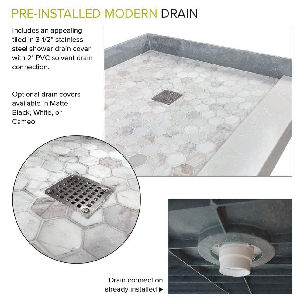 60-Inch Off-White Hexagon Pre-Tiled Shower Base with Left Drain