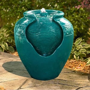 Outdoor Glazed Urn Pot Floor Fountain with LED Light in Teal