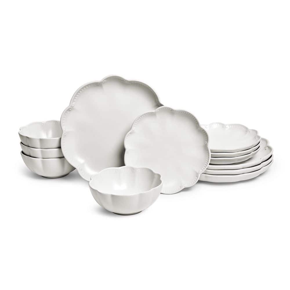 Bethany 12-Piece Stoneware Dinnerware Set, White, Round, Service for 4, Microwave and Dishwasher Safe