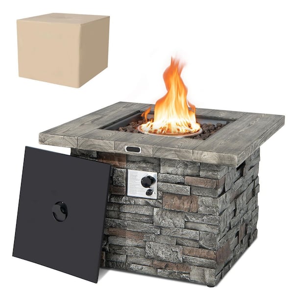 Costway 34.5 in. Square Propane Gas Fire Pit Table Faux Stone w/Lava Rock PVC Cover