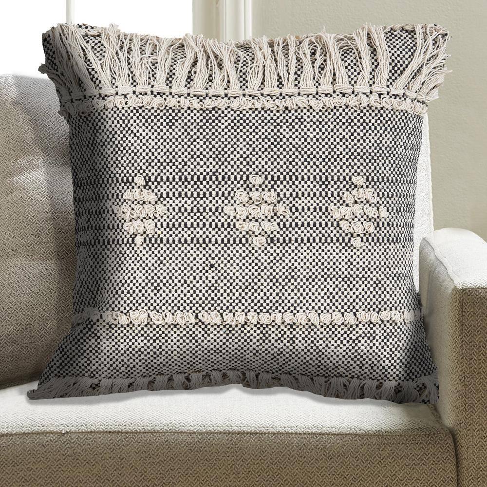 Gray and Cream Handwoven Cotton Diamond Throw Pillow, 20" x 20"