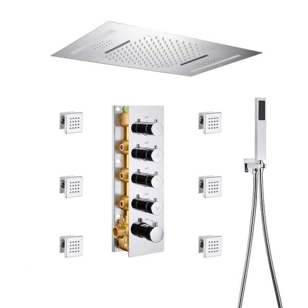 4-Spray Patterns Luxury 23 in. Ceiling Mount Rainfall Dual Shower Heads with 6-Jet LED and Music in Chrome