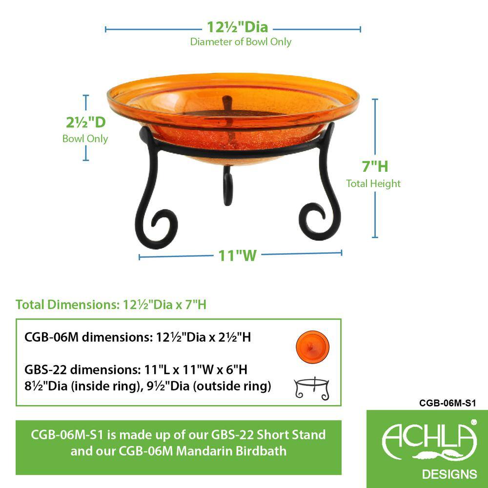 Mandarin Orange Crackle Glass Birdbath with Wrought Iron Stand