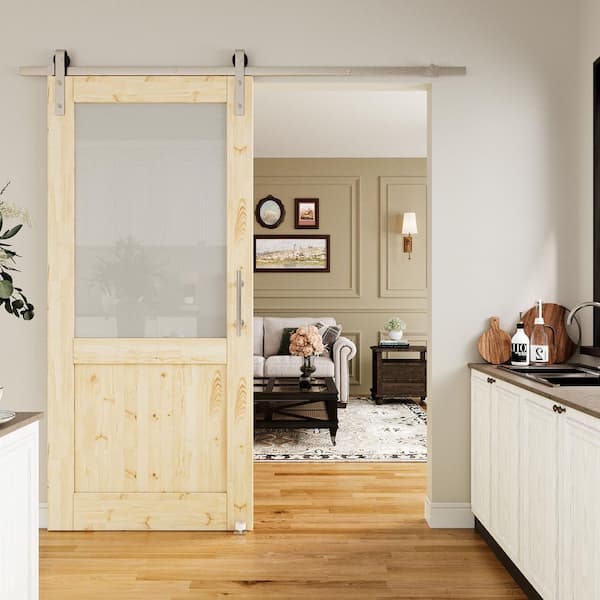 36 in. x 80 in. 1/2-Lite Frosted Glass Unfinished Glass Sliding Barn Door with Hardware Kit Nickel Plated