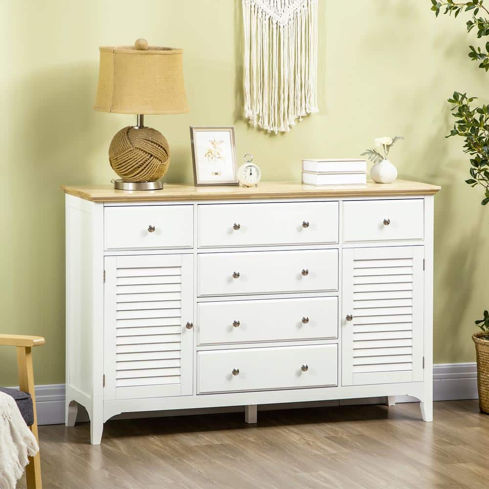 Modern White Sideboard Buffet with Adjustable Shelves and Rubberwood Top