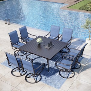 Black 9-Piece Metal Outdoor Patio Dining Set with Slat Extra-Large Square Table and Padded Blue Textilene Swivel Chairs