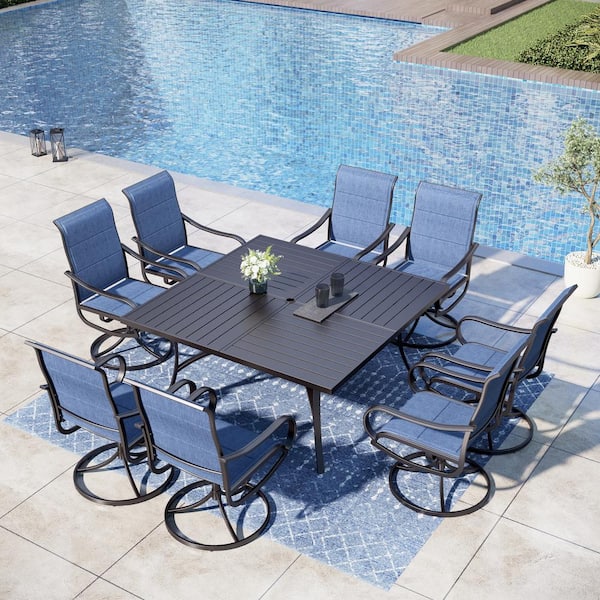 PHI VILLA Black 9-Piece Metal Outdoor Patio Dining Set with Slat Extra-Large Square Table and Padded Blue Textilene Swivel Chairs