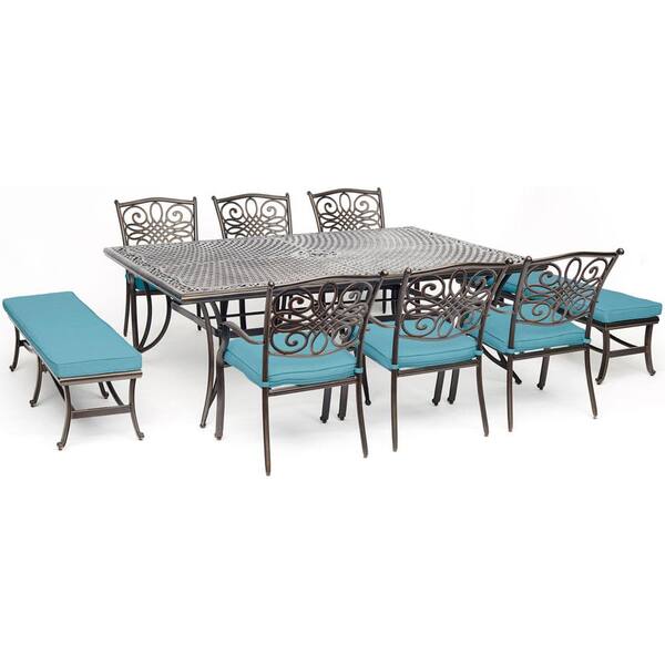 Hanover Traditions 9-Piece Aluminum Outdoor Dining Set with Blue Cushions 6-Chairs 2-Benches and Cast-Top Dining Table
