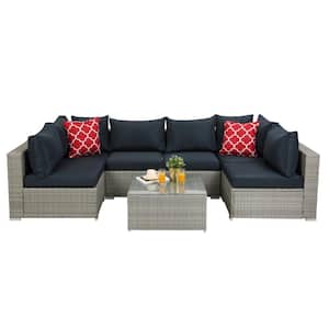 Light Grey 7-Piece PE Rattan Wicker Outdoor Sectional Set with Dark Blue Cushions