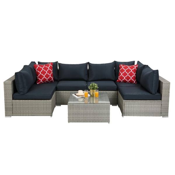 SunFurnn Light Grey 7-Piece PE Rattan Wicker Outdoor Sectional Set with Dark Blue Cushions