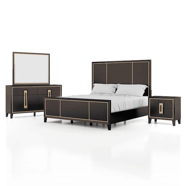 Demi 4-Piece Modern Espresso Wood Queen Panel Bedroom Set with Nightstand and Dresser/Mirror