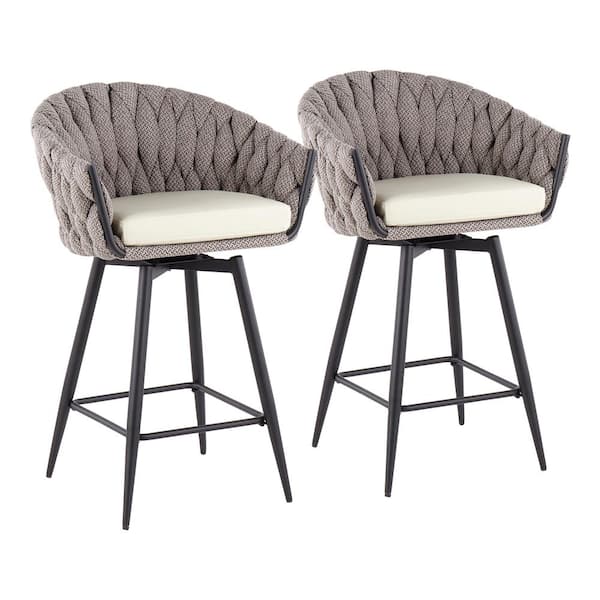 Lumisource Braided Matisse 26 in. Grey Fabric and Cream Faux Leather with Black Metal Frame Counter Height Bar Stool (Set of 2)