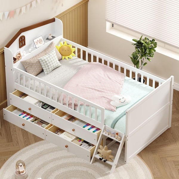 White Twin Size Platform Bed with Guardrail, 4-Drawers, Ladder