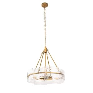 22 in. 4-Light Farmhouse Gold Pendant Light with Textured Clear Glass and Drum Shade for Kitchen Island, Dining Room