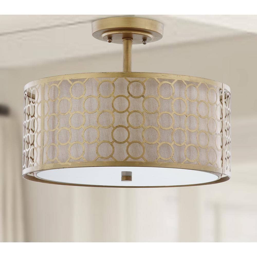 Elegante Antique Gold Drum Ceiling Light with Cream Fabric Shade