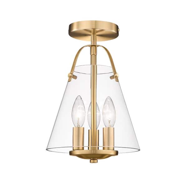 pasentel 3-Light Modern Gold Semi-Flush Mount Ceiling Light with Clear Glass Shade