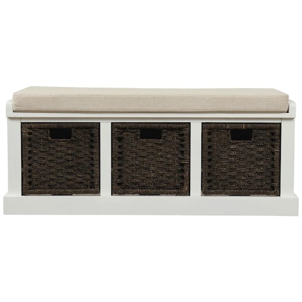 Veryke White Rustic Storage Entryway Bench With Removable Cushion 3 Classic Rattan Basket 17 In H X 43 7 W 15 D Yb Wf193443aak White Rustic Storage Entryway Bench, White Hall Bench Storage With Baskets And Cushion