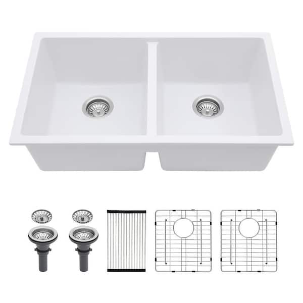 33 in. Undermount Double Bowl White Quartz Kitchen Sink with Bottom Grids