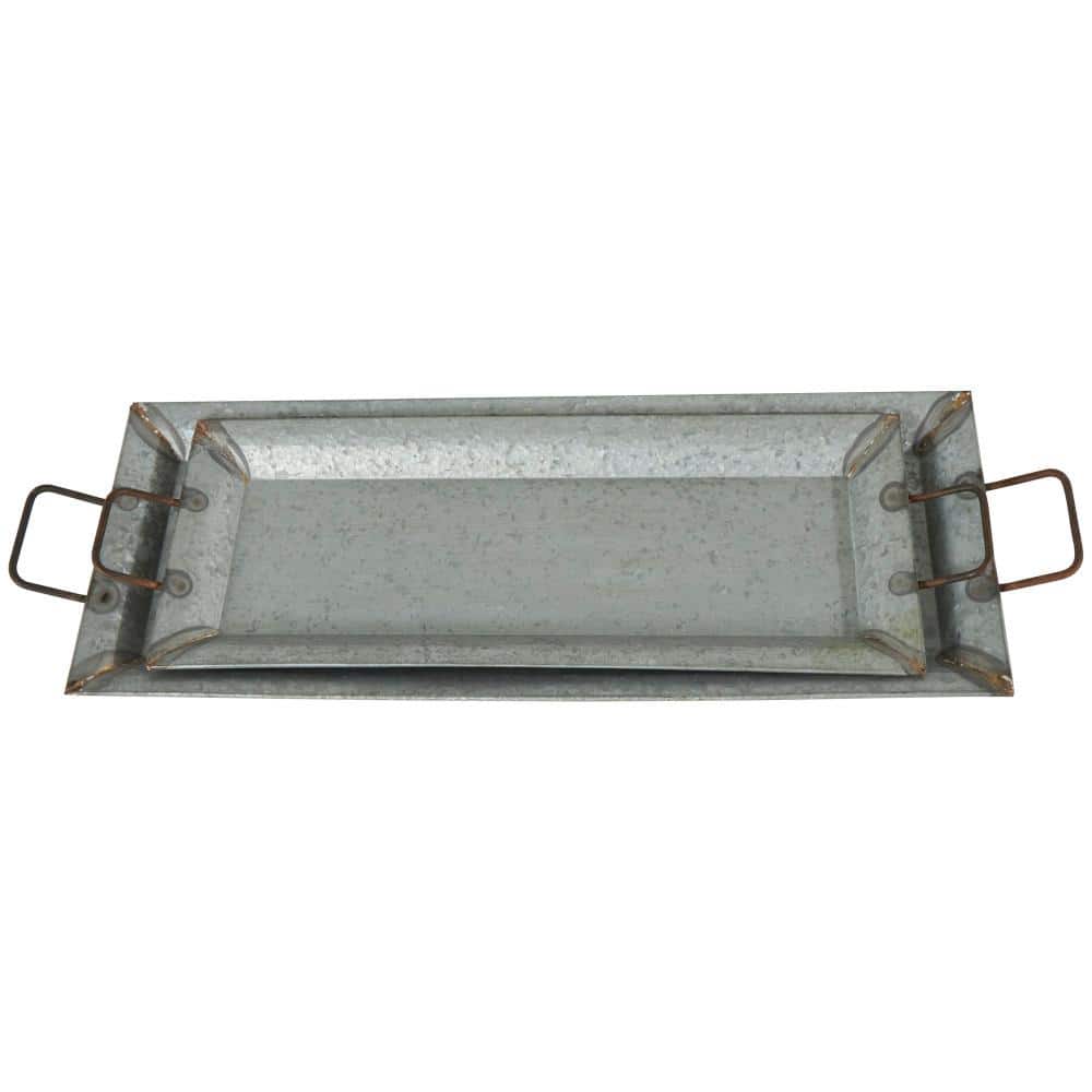 Gray Rectangular Metal Serving Tray Set with Gold Trim