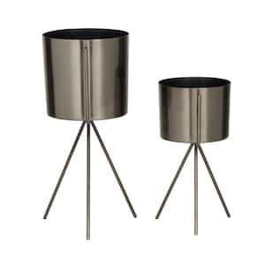 12 in., and 9 in. Medium Dark Gray Metal Small Planter with Removable Stand (2- Pack)