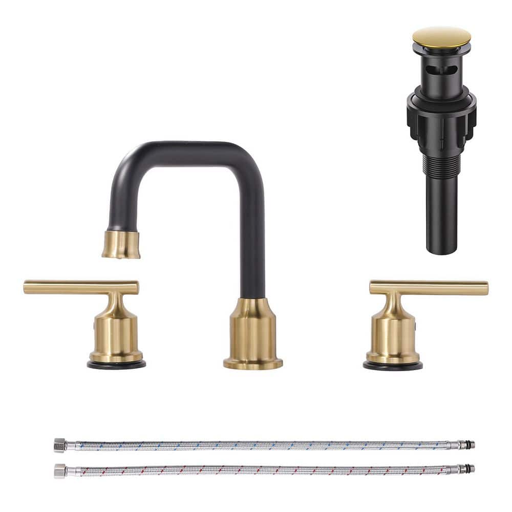 8 in. Widespread Double Handle High Arc Bathroom Faucet with Drain Kit Included in Black and Gold price history on PriceWatchPro