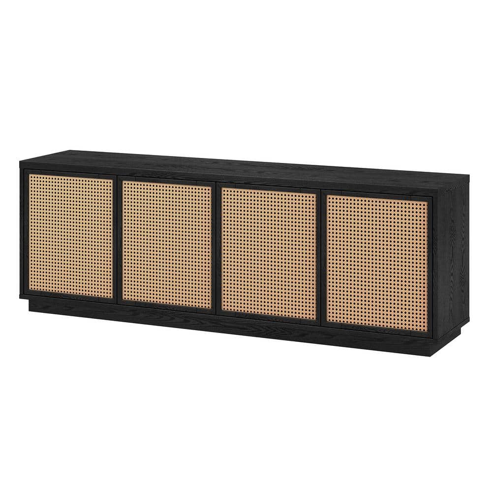 Black Grain Faux Rattan 78" TV Stand with Cabinets