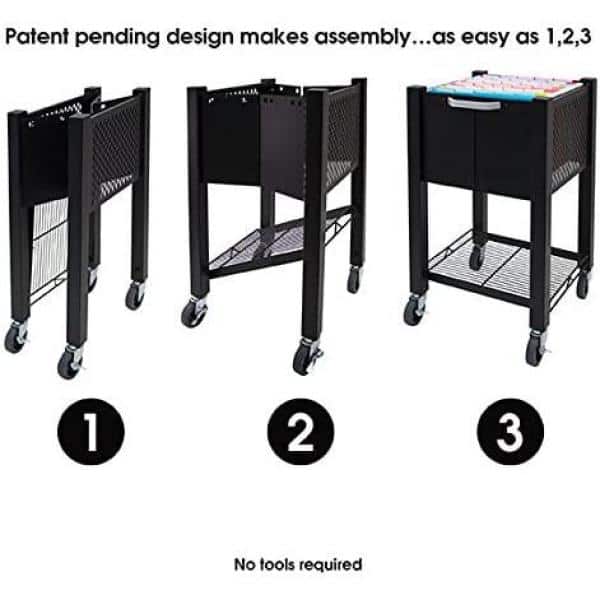 Black Steel Mobile File Cart with Push Handle and Locking Wheels