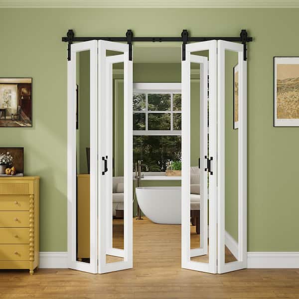 72 in. x 84 in. Pre-Drilled 1 Lite Mirrored Glass White Primed MDF Bifold Sliding Barn Door with Hardware Kit