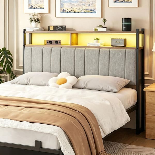 Gray Full Linen Upholstered Storage Headboard LED Headboard with Charging Station