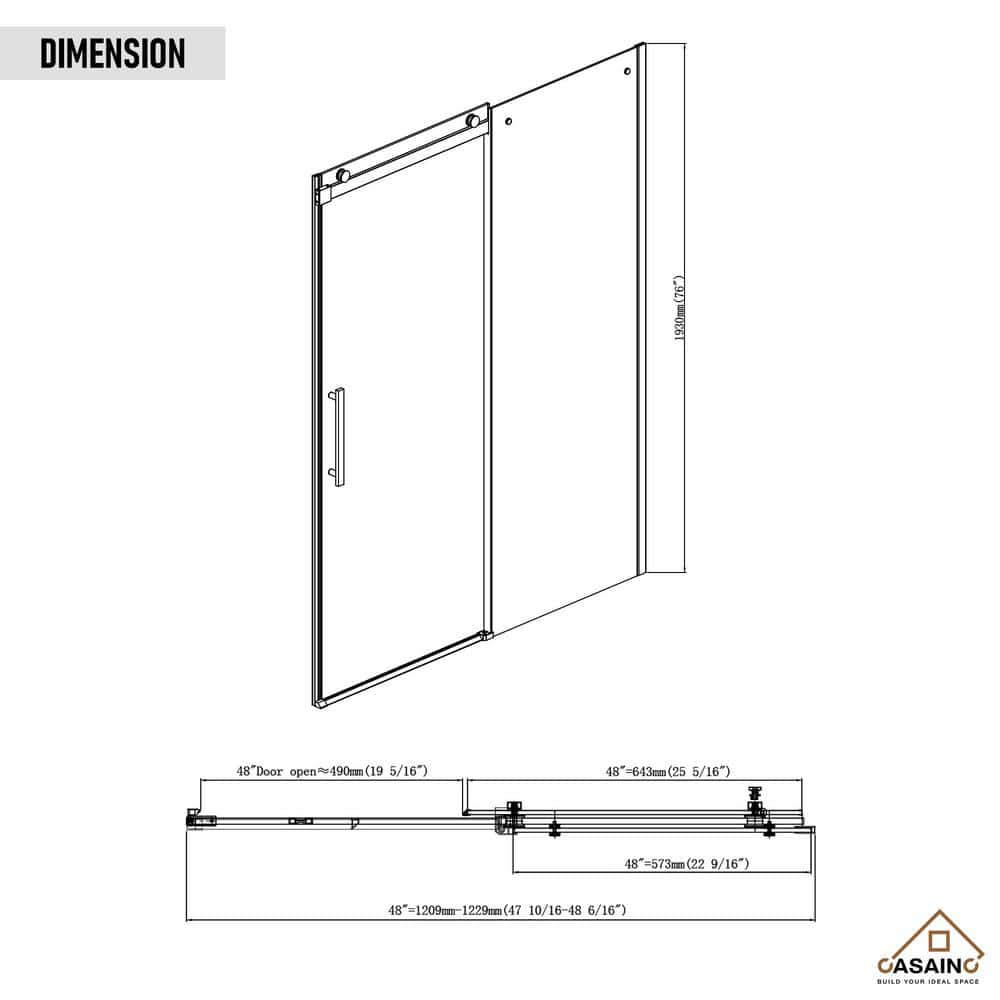 Matte Black Frameless Single Sliding Shower Door 48" x 76"