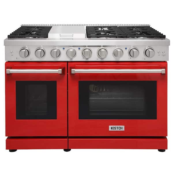 Propane-48 in. 6.8 cu. ft. 6 Burners Freestanding Double Oven Gas Range in Stainless Steel w/ Griddle & Red Oven Door