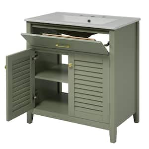 30 in. W Single Sink Freestanding Bath Vanity in Green with White Ceramic Top, 1 Tip-Out Drawer and 2 Doors