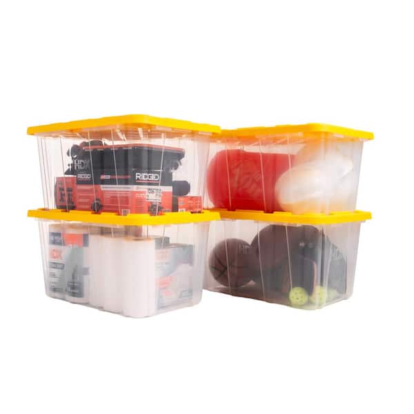 27 Gal. Tough Storage Tote in Clear with Yellow Lid (4-Pack)