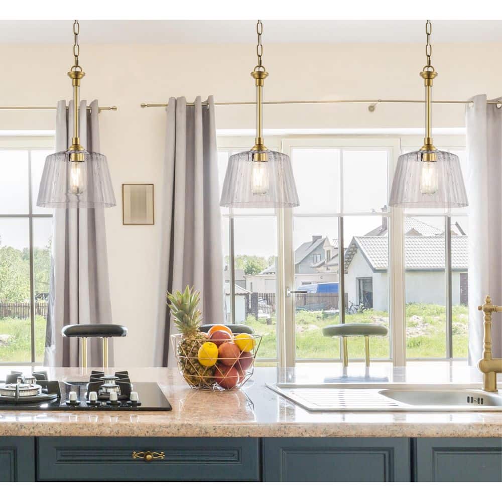 Brushed Brass Mini Pendant with Clear Ribbed Glass Shade