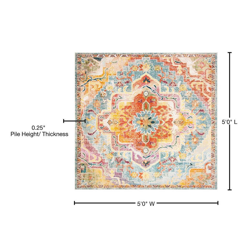 Hand-Knotted Medallion 5' Square Rug in Orange and Teal