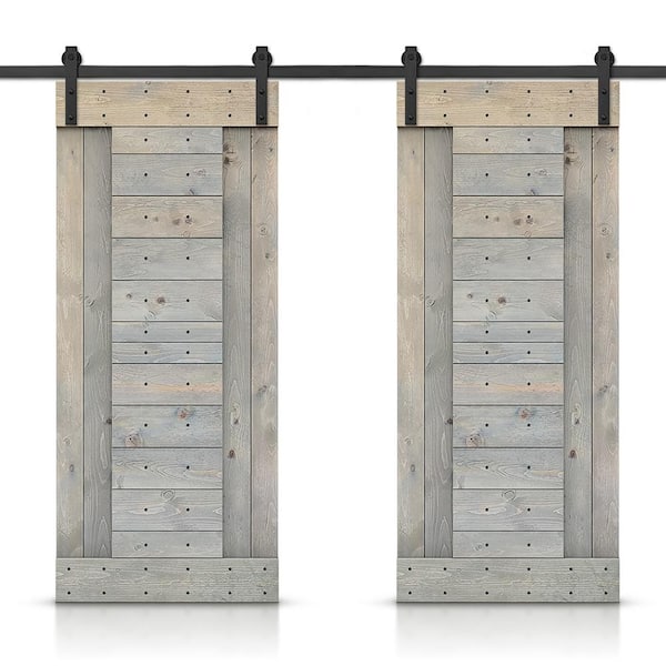 CALHOME 60 in. x 84 in. Smoke Gray Stained DIY Knotty Pine Wood Interior Double Sliding Barn Door with Hardware Kit