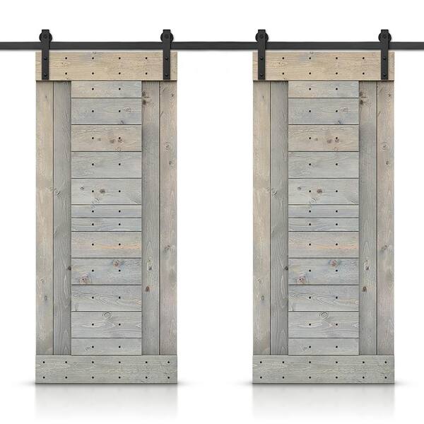CALHOME 72 in. x 84 in. Smoke Gray Stained DIY Knotty Pine Wood Interior Double Sliding Barn Door with Hardware Kit