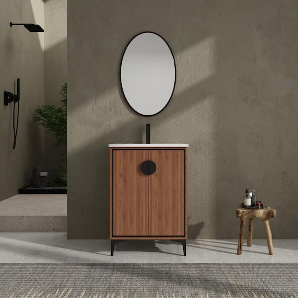 Dimakai 24 in. W Single Sink Freestanding Bath Vanity in Brown with White Ceramic Top