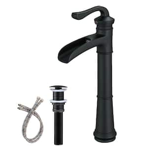 Waterfall Single Hole Single-Handle Vessel Bathroom Faucet With Pop-up Drain Assembly in Matte Black