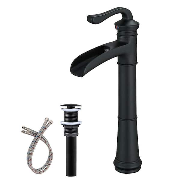 BWE Waterfall Single Hole Single-Handle Vessel Bathroom Faucet With Pop-up Drain Assembly in Matte Black