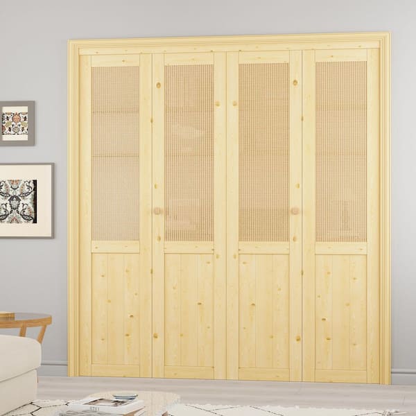 72 in. x 80 in. Half Paneled Solid Core Unfinished Pine Wood and Imitated Rattan Weaving Bi-Fold Door with Hardware