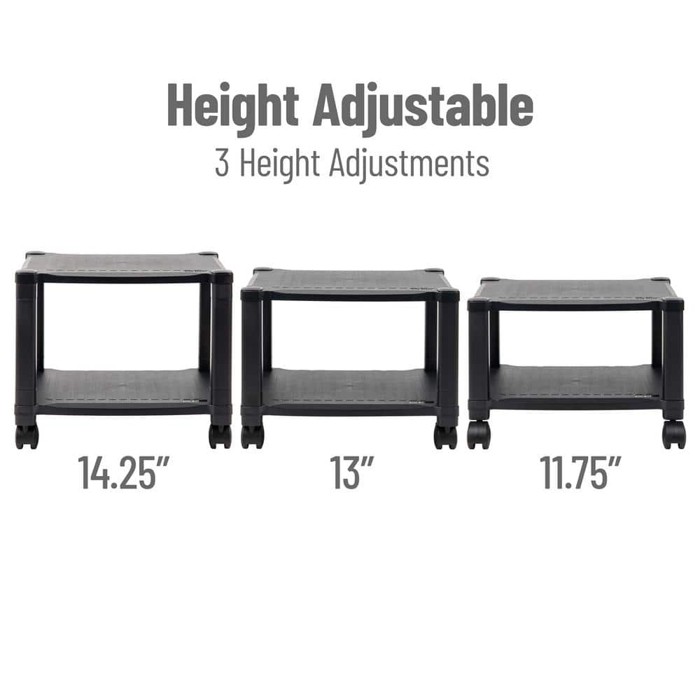 Black Adjustable Height Mobile Printer Cart with 3 Shelves
