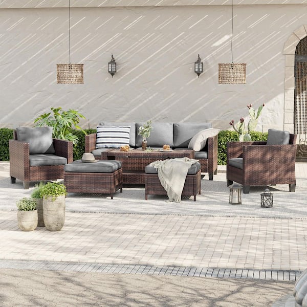 6-Piece Brown Wicker Outdoor Conversation Seating Sofa Set with Coffee Table, Gray Cushions