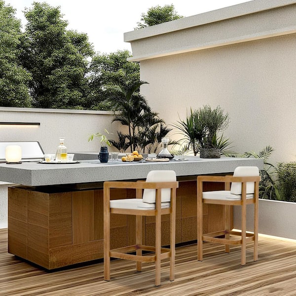 Modern Upholstered Solid Wood-Grain Finish Outdoor Bar Stools with Footrest, Natural plus Beige Cushion, (Set of 2)