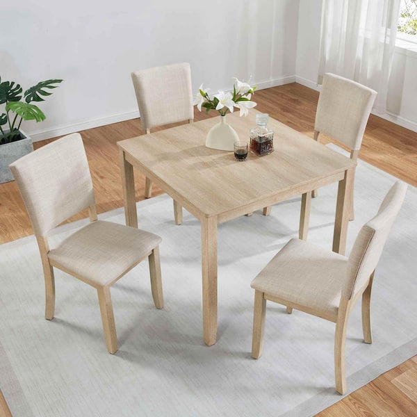5-Piece Square Beige/Light Oak Wood Top Dining Room Set Seats 4
