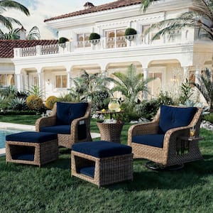 5-Piece Rattan Wicker Patio Conversation Set Patio Swivel Rocking Chairs Set with Pet House Cool Bar, Navy Blue Cushions