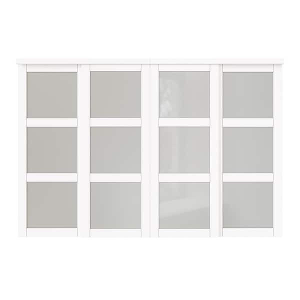 120 in. x 96 in. 3 Lite White Tempered Frosted Glass Closet Sliding Door with Hardware
