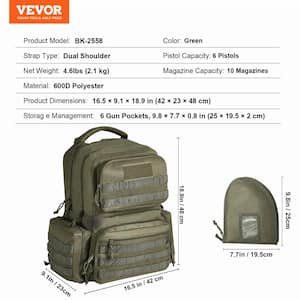 Tactical Range Backpack 18.9 in. Green Backpack for 6-Pistols, Gun Backpack with 6-Independent Pistol Backpack