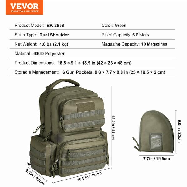 Tactical Range Backpack 18.9 in. Green Backpack for 6-Pistols, Gun Backpack with 6-Independent Pistol Backpack